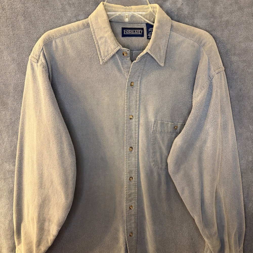 VTG Lands End Mens Large Gray Chamois Cloth Button Down Shirt Made in USA